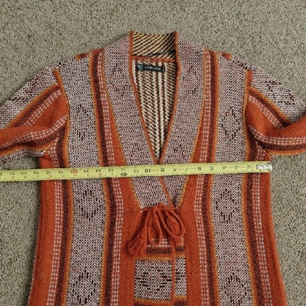 STONE ROW Womens Orange Geometric Pattern Kimono‎ Cardigan Tassel Tie Size S